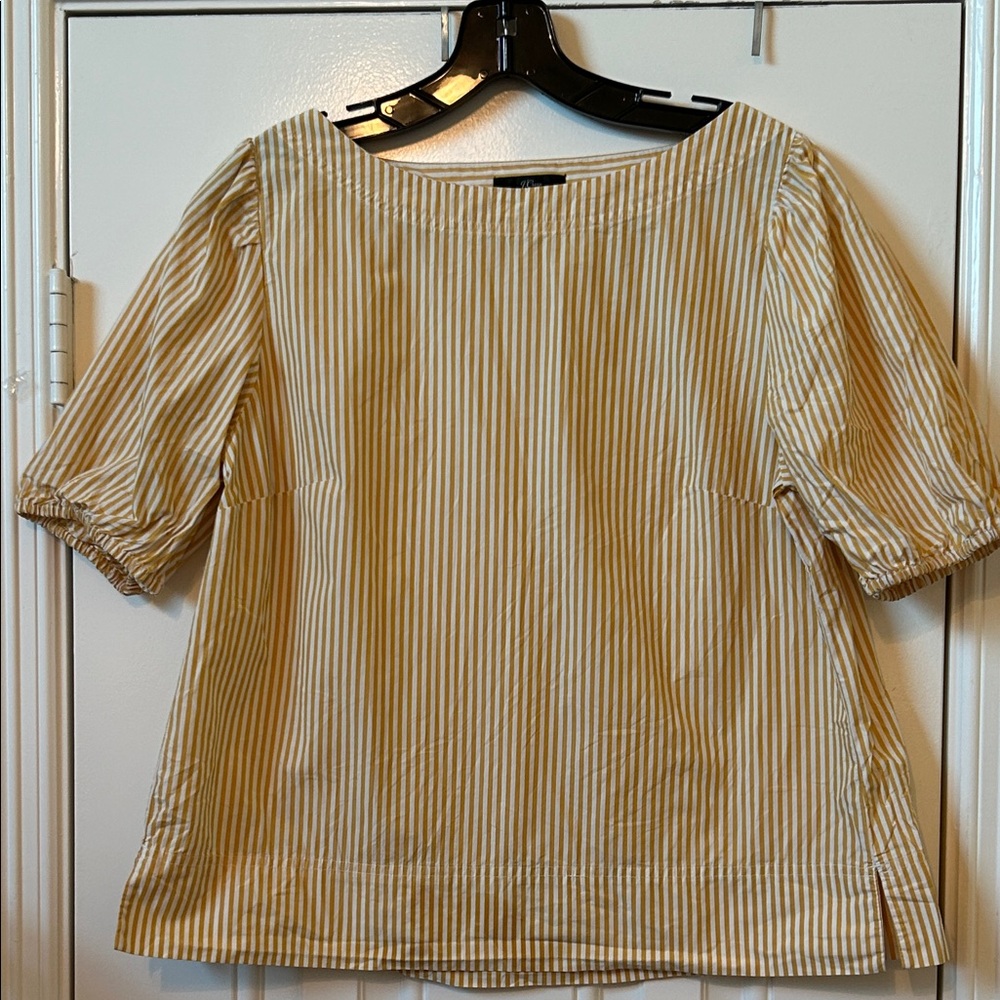 J.Crew Yellow White Striped Boatneck Puff Sleeve Blouse Top Size Medium
